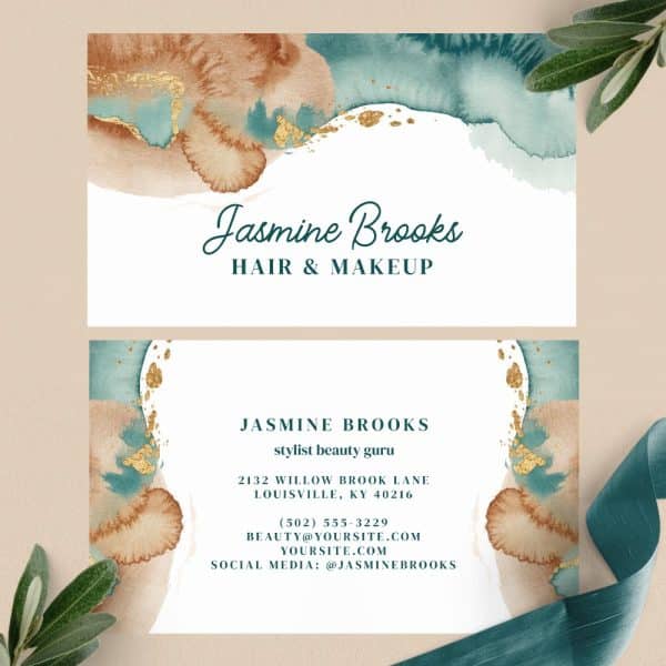 Two Business Cards For Jasmine Brooks, Hair And Makeup Stylist, Featuring Teal And Brown Watercolor Designs With Gold Accents.