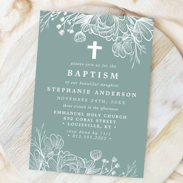 Baptism Invitation For Stephanie Anderson, Featuring A Floral Design And Cross.