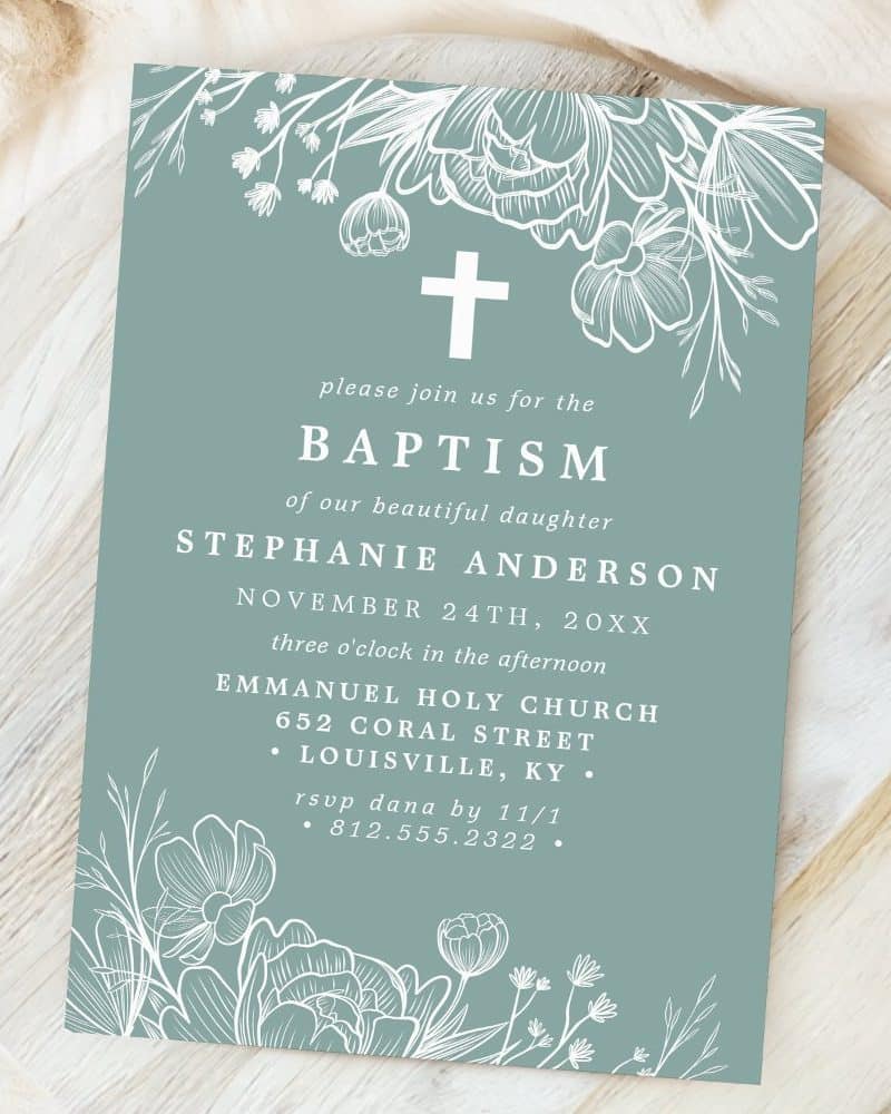 Baptism invitation for Stephanie Anderson, featuring a floral design and cross.