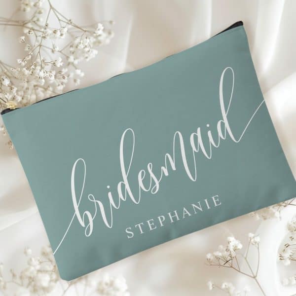 Dusty Teal Bridesmaid Modern Calligraphy Accessory Pouch