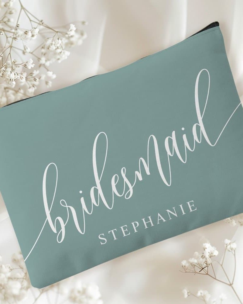 Dusty Teal Bridesmaid Modern Calligraphy Accessory Pouch