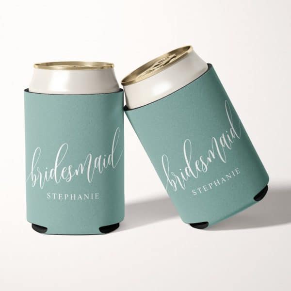 Two Teal Bridesmaid Can Coolers With The Name Stephanie.