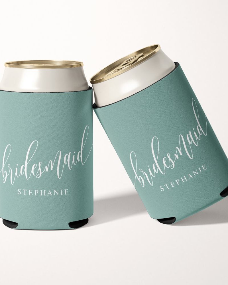 Two teal bridesmaid can coolers with the name Stephanie.