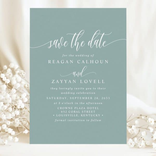 Save The Date For The Wedding Of Reagan Calhoun And Zayyan Lovell, September 28, 2033, At The Crowne Plaza Hotel In Louisville, Kentucky.