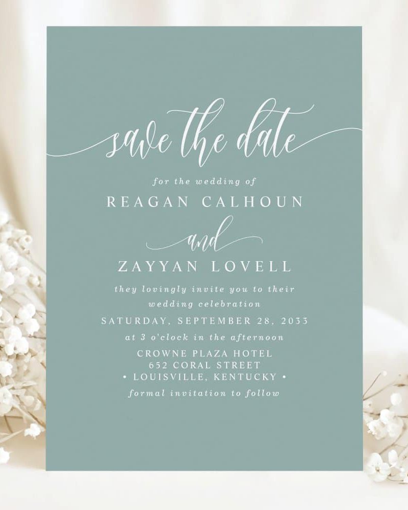 Save the date for the wedding of Reagan Calhoun and Zayyan Lovell, September 28, 2033, at the Crowne Plaza Hotel in Louisville, Kentucky.