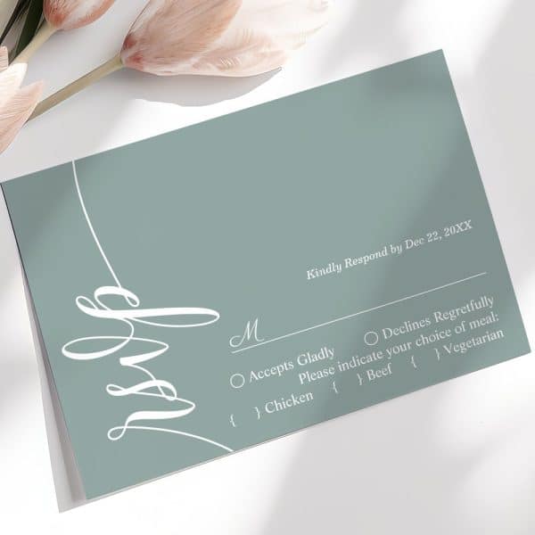 Sage Green Wedding Rsvp Card With Elegant White Script And Response Options.