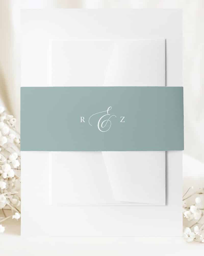 Wedding invitation with a light blue band featuring the initials R and Z.