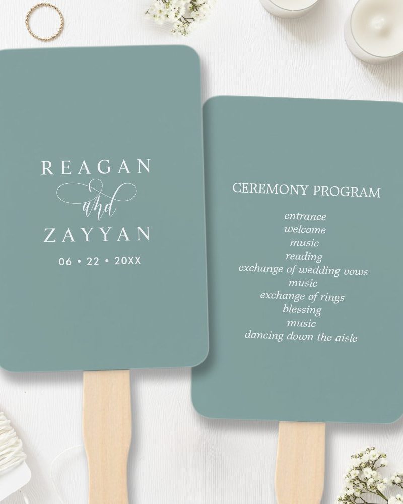Dusty Teal Minimalist Wedding Program Hand Fan