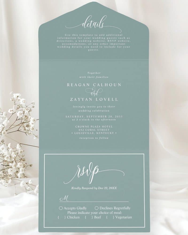 Wedding invitation for Reagan Calhoun and Zayyan Lovell, featuring date, time, location, and RSVP information.