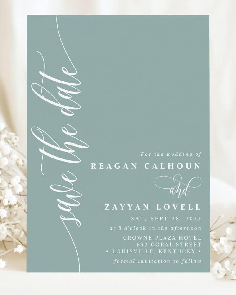 Save the date for the wedding of Reagan Calhoun and Zayyan Lovell, September 28, 2033, at the Crowne Plaza Hotel in Louisville, Kentucky.