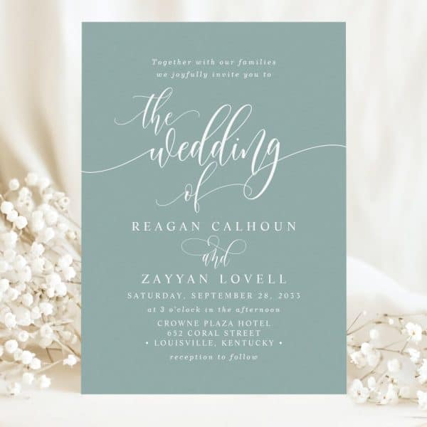 Wedding Invitation For Reagan Calhoun And Zayyan Lovell, September 28, 2033, At The Crowne Plaza Hotel In Louisville, Kentucky.