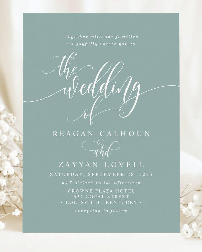 Wedding invitation for Reagan Calhoun and Zayyan Lovell, September 28, 2033, at the Crowne Plaza Hotel in Louisville, Kentucky.