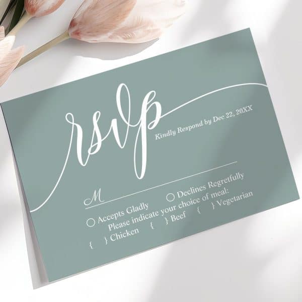 Sage Green Rsvp Card With White Script Lettering And Meal Choices.