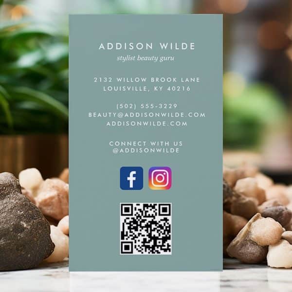 Addison Wilde Stylist Beauty Guru Business Card With Contact Information, Social Media Handles, And Qr Code.