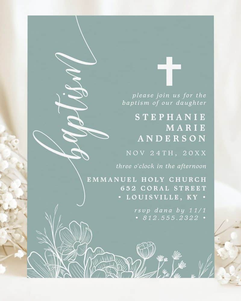 Baptism invitation for Stephanie Marie Anderson, featuring a floral design.