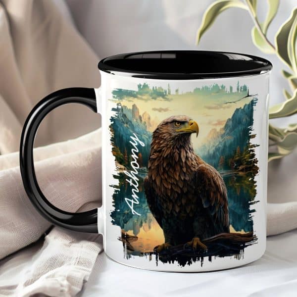 Black-Handled Mug With A Personalized Name, Anthony, And An Image Of A Majestic Eagle Perched On A Branch Overlooking A Mountain Lake.