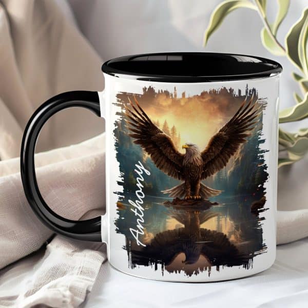 Black-Handled Mug With A Personalized Name, Anthony, And An Image Of A Majestic Eagle With Wings Spread Wide, Reflected In Calm Water At Sunset.