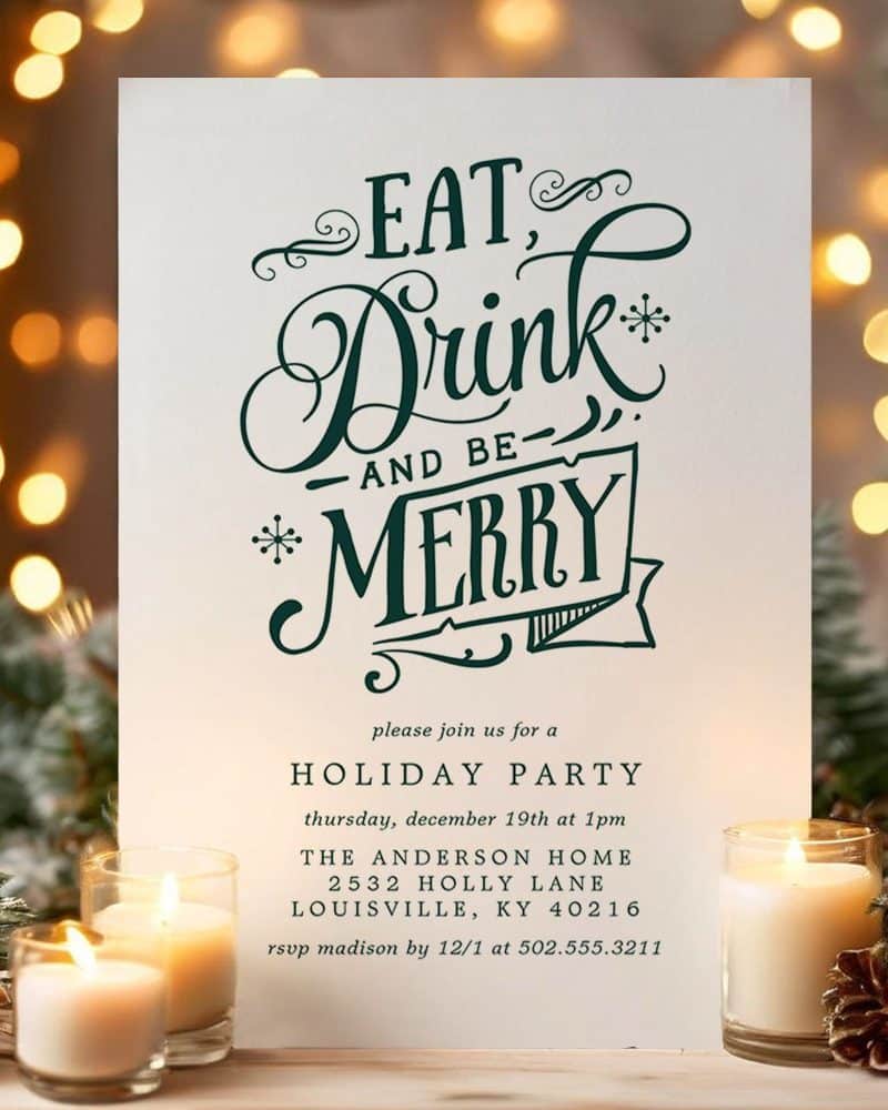 Eat, Drink, and Be Merry holiday party invitation.