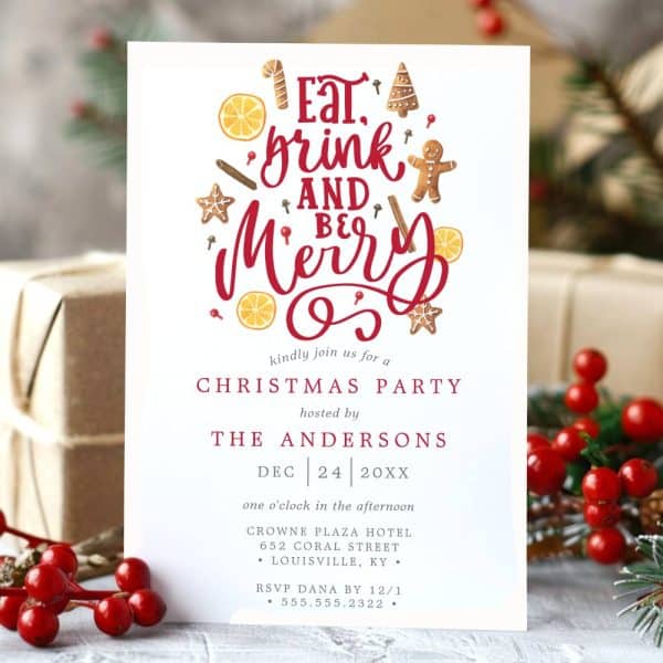 Christmas Party Invitation Featuring The Text Eat, Drink, And Be Merry, Surrounded By Festive Food Illustrations.