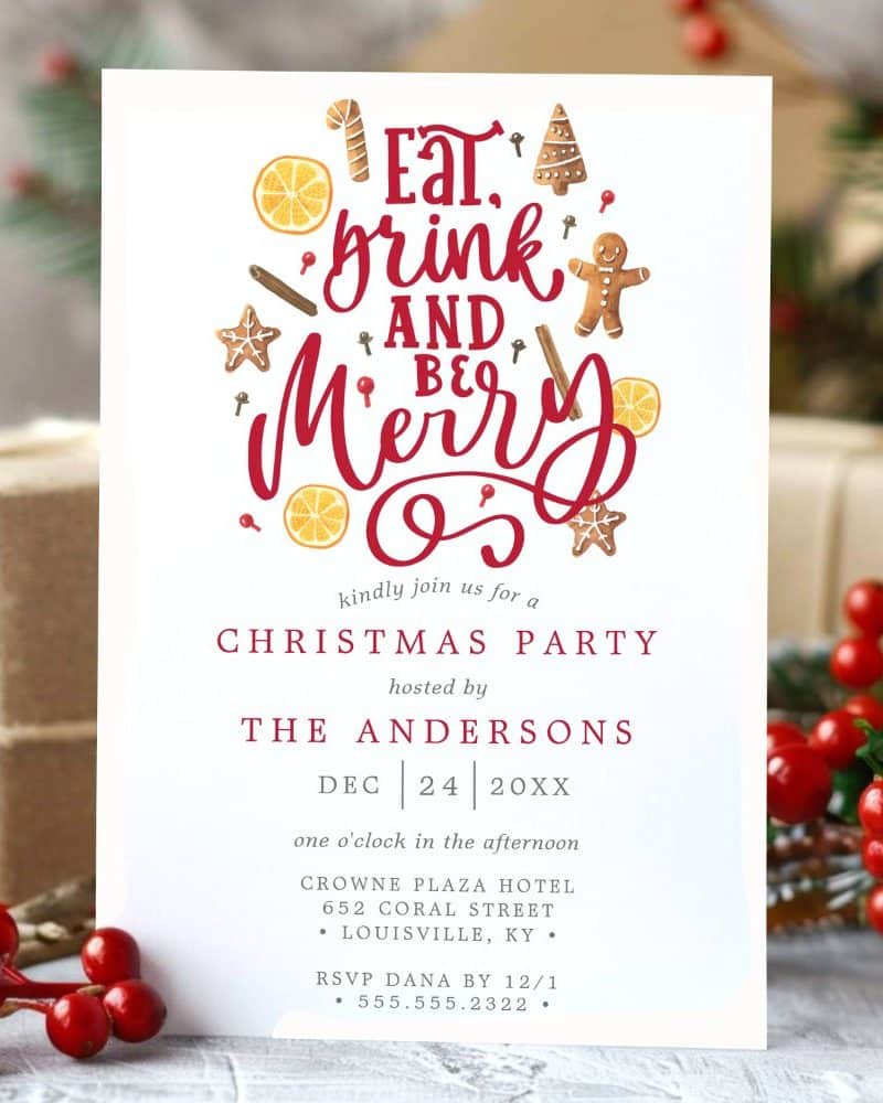 Christmas party invitation featuring the text Eat, Drink, and Be Merry, surrounded by festive food illustrations.