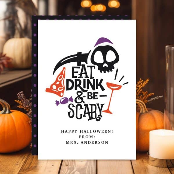 Halloween Greeting Card Featuring A Skull, Scythe, Candy, And Martini Glass With The Text Eat Drink &Amp; Be Scary.