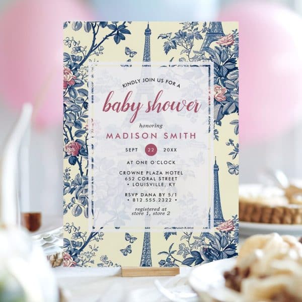 Baby Shower Invitation For Madison Smith, Featuring A Parisian Toile Pattern With The Eiffel Tower.