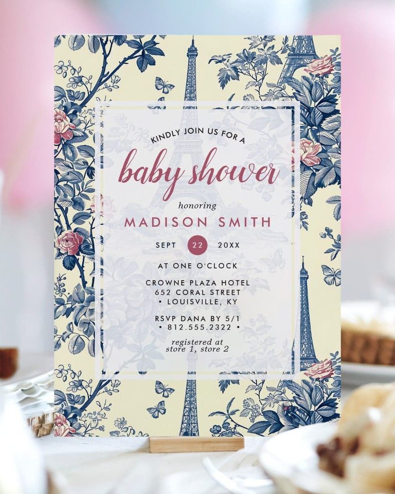 Baby shower invitation for Madison Smith, featuring a Parisian toile pattern with the Eiffel Tower.