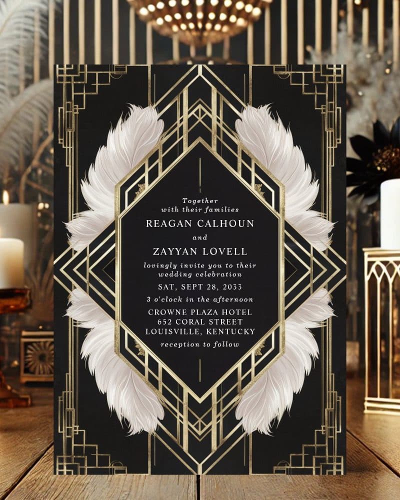 Art Deco wedding invitation with gold geometric design and white feathers on a black background, announcing the wedding of Reagan Calhoun and Zayyan Lovell.