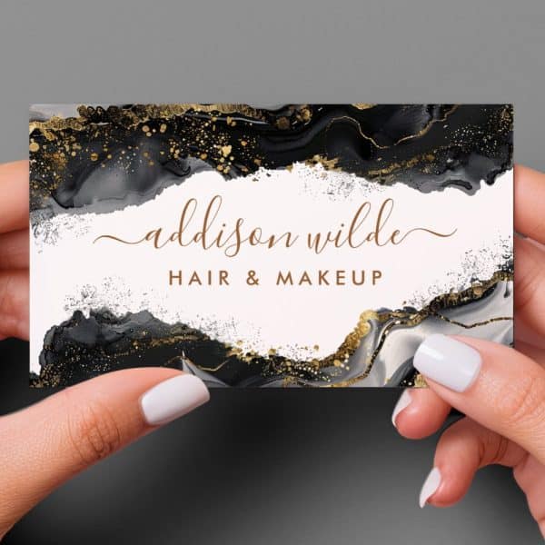 Business Card With Black And Gold Marble Design, Featuring The Name Addison Wilde Hair &Amp; Makeup.