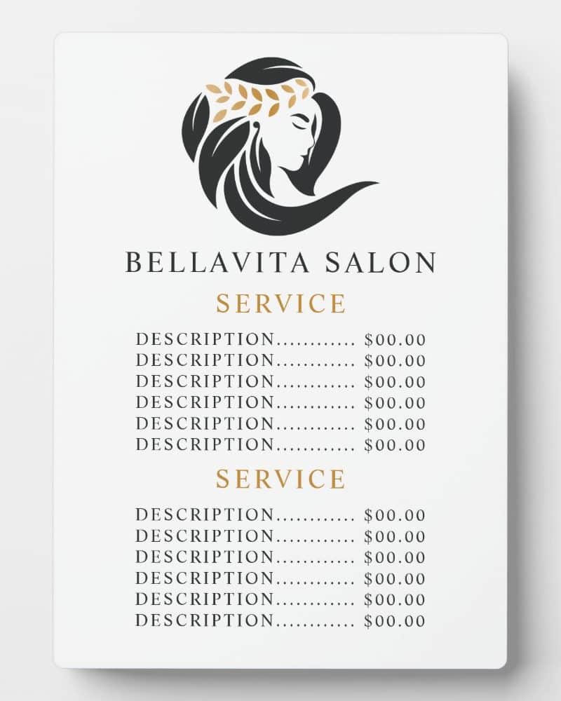 Bellavita Salon price list featuring a logo of a woman's profile with flowing hair and a leaf crown.