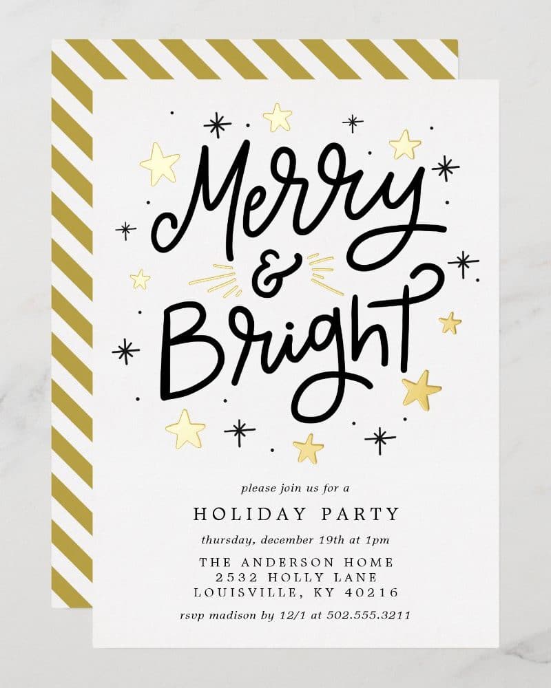 Holiday party invitation with Merry & Bright in stylized lettering and gold stars.
