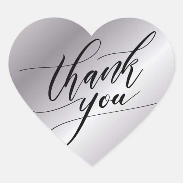 Silver Heart-Shaped Thank You Card With Elegant Script Lettering.