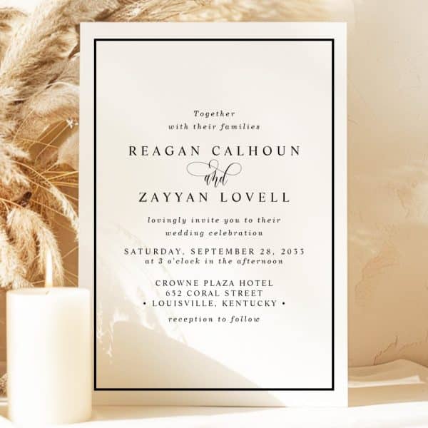 Wedding Invitation For Reagan Calhoun And Zayyan Lovell, September 28, 2033, At The Crowne Plaza Hotel In Louisville, Kentucky.