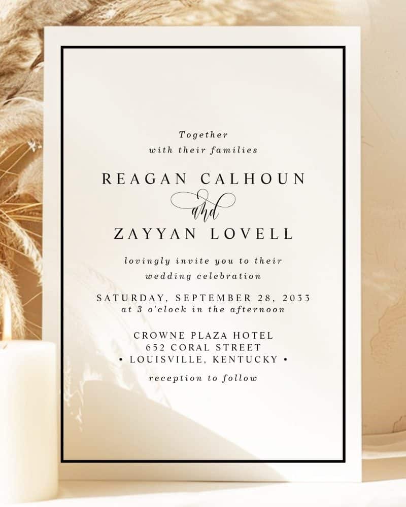 Wedding invitation for Reagan Calhoun and Zayyan Lovell, September 28, 2033, at the Crowne Plaza Hotel in Louisville, Kentucky.