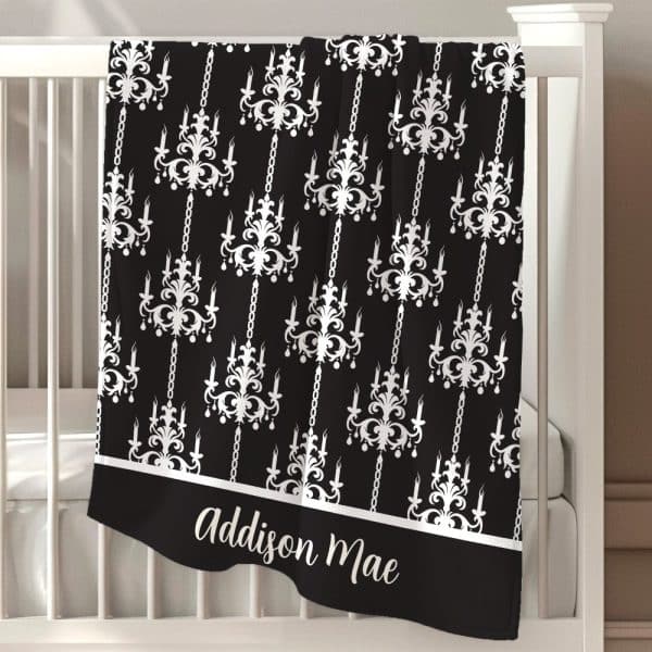 Black Baby Blanket With A White Chandelier Pattern And Personalized Name, Addison Mae.