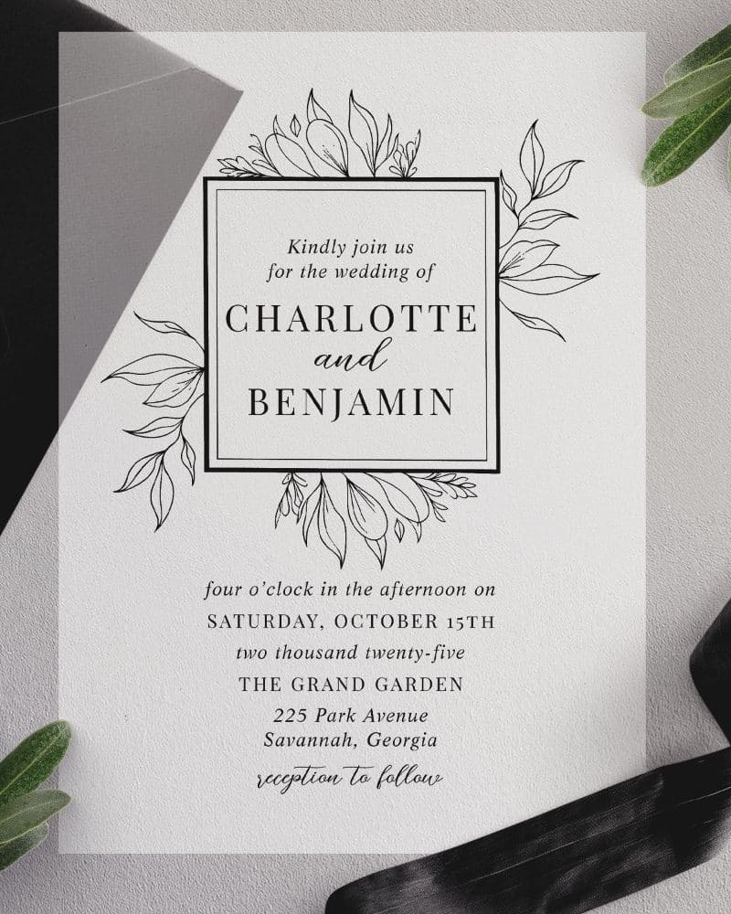 Wedding invitation for Charlotte and Benjamin at The Grand Garden in Savannah, Georgia.