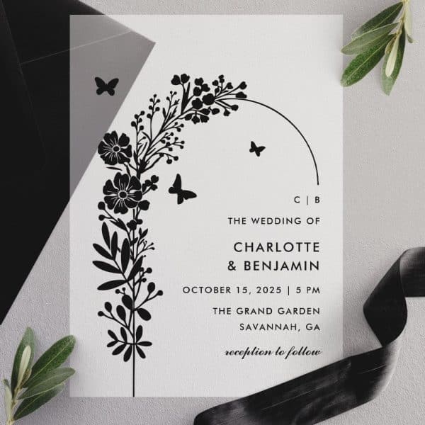Black And White Wedding Invitation With Floral Design And Butterflies.