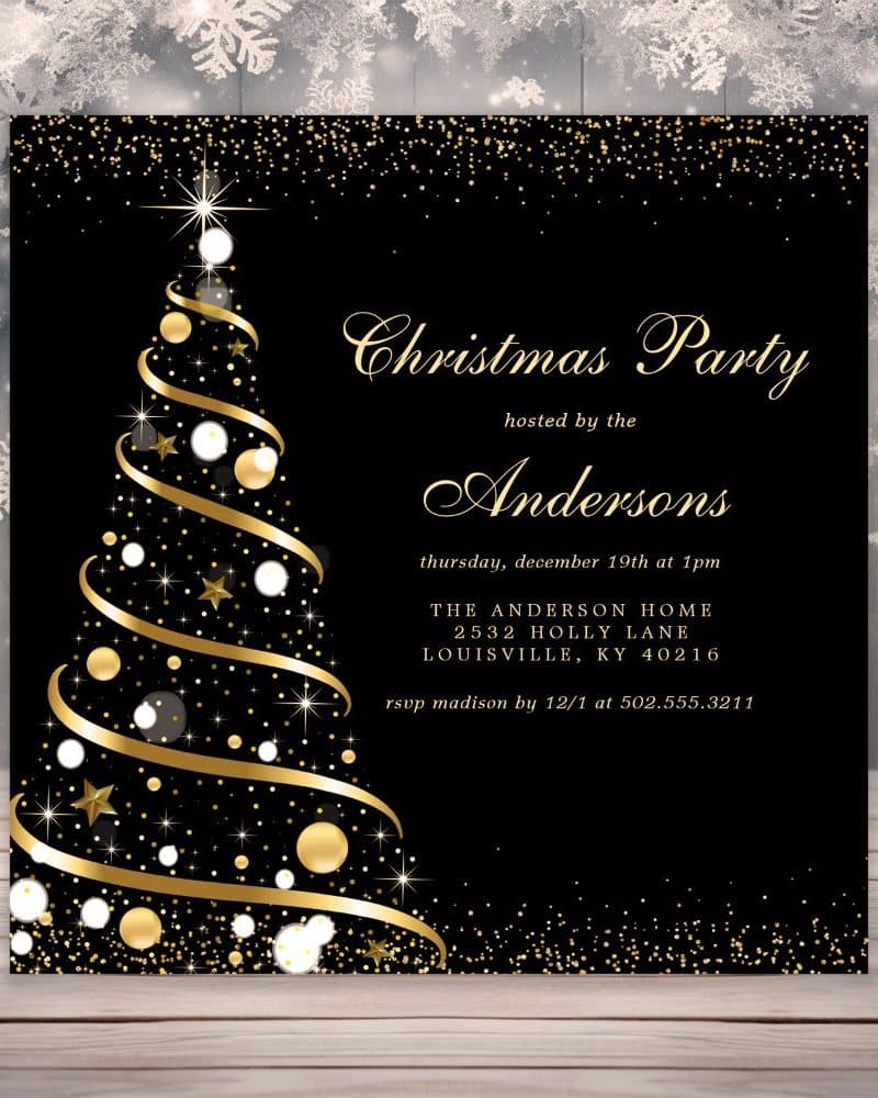Black and gold Christmas party invitation featuring a stylized Christmas tree.