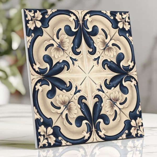 Square Tile With A Blue And Beige Floral Pattern.