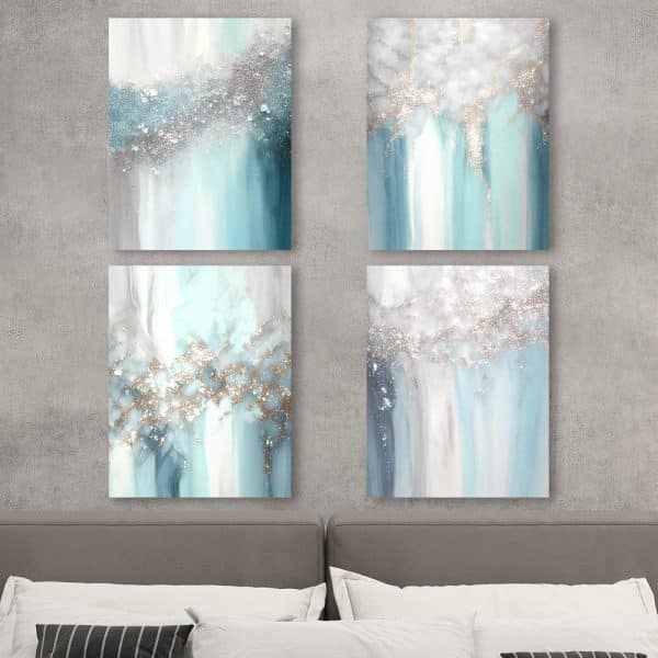 Quadriptych Of Abstract Art In Shades Of Blue, White, And Gold Glitter.