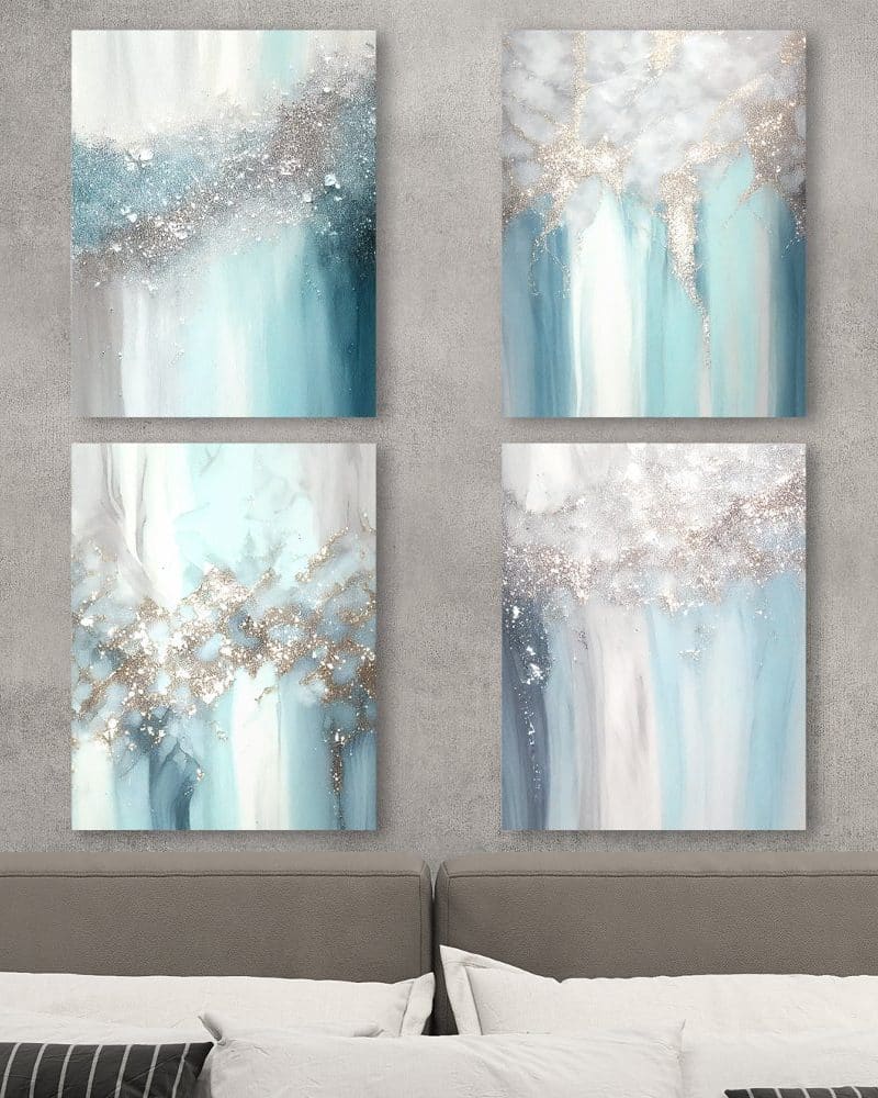 Quadriptych of abstract art in shades of blue, white, and gold glitter.