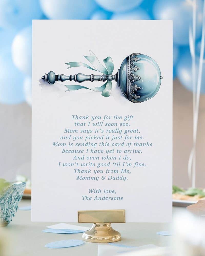 Baby's thank you card featuring a watercolor illustration of a baby rattle and a sweet message from the parents.