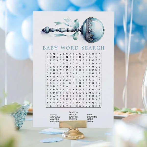 Baby Word Search Puzzle Featuring A Baby Rattle Illustration.