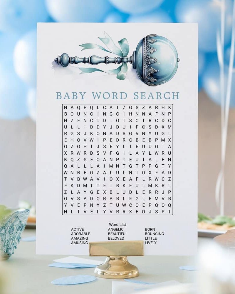 Baby word search puzzle featuring a baby rattle illustration.