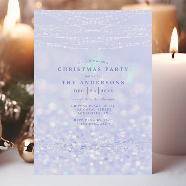 Lavender Christmas Party Invitation With Sparkling Lights And Glitter Background. The Andersons Host On December 24Th.