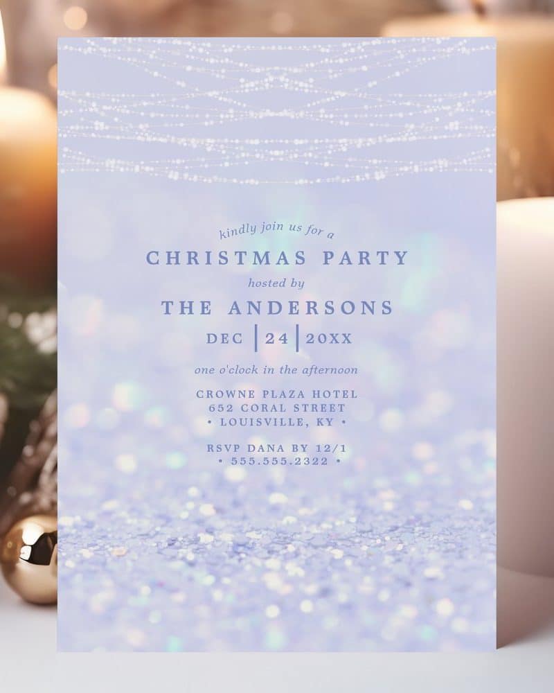 Lavender Christmas party invitation with sparkling lights and glitter background. The Andersons host on December 24th.
