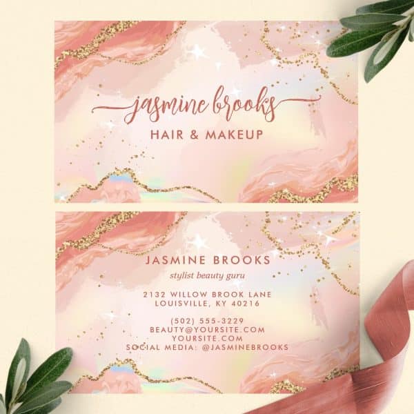 Two Pink And Gold Business Cards For Jasmine Brooks, Hair And Makeup Stylist.