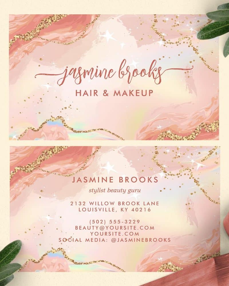 Two pink and gold business cards for Jasmine Brooks, hair and makeup stylist.