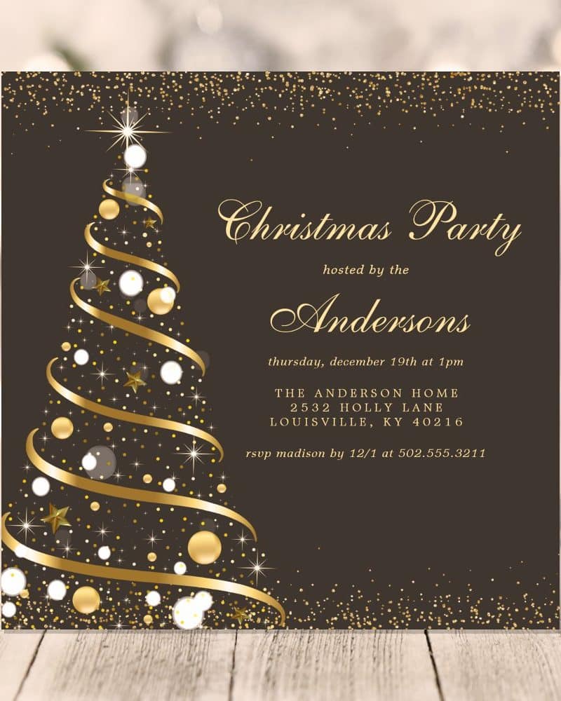 A dark brown Christmas party invitation featuring a gold and white stylized Christmas tree.