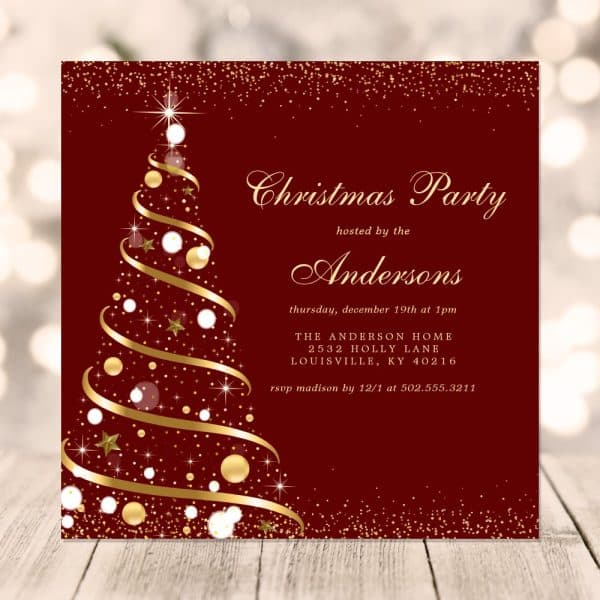 A Dark Red Christmas Party Invitation Featuring A Gold And White Stylized Christmas Tree.